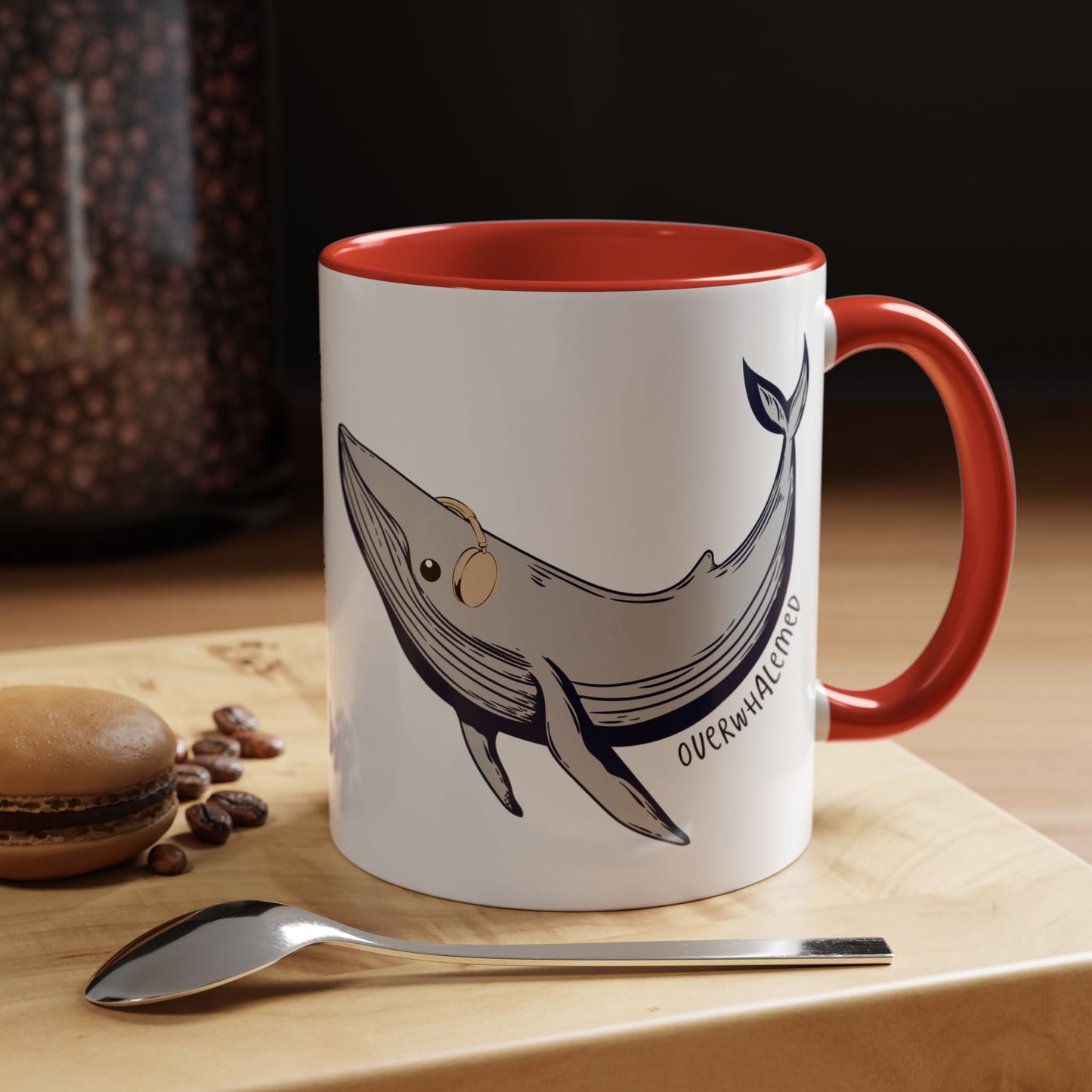 Coffee Mug, Cute Whale with Headphones Design, Overwhalemed Text, Gift for Music Lovers, Funny Ocean Animal Cup, Kitchen Decor, Underwater
