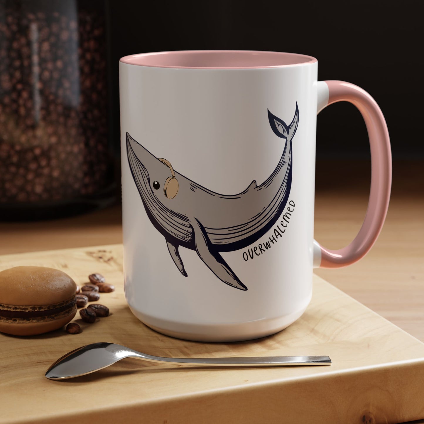 Coffee Mug, Cute Whale with Headphones Design, Overwhalemed Text, Gift for Music Lovers, Funny Ocean Animal Cup, Kitchen Decor, Underwater