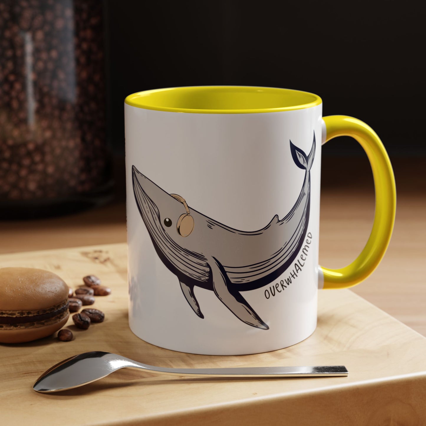 Coffee Mug, Cute Whale with Headphones Design, Overwhalemed Text, Gift for Music Lovers, Funny Ocean Animal Cup, Kitchen Decor, Underwater