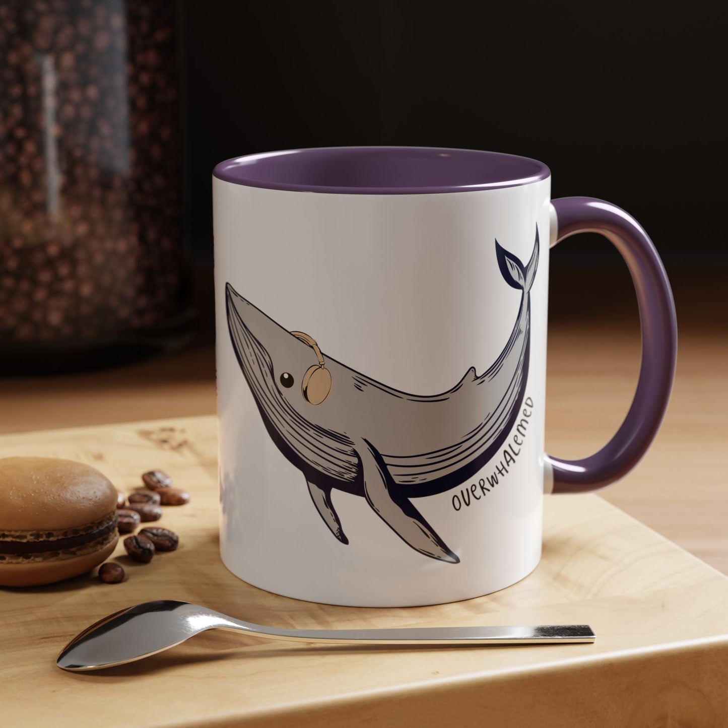 Coffee Mug, Cute Whale with Headphones Design, Overwhalemed Text, Gift for Music Lovers, Funny Ocean Animal Cup, Kitchen Decor, Underwater