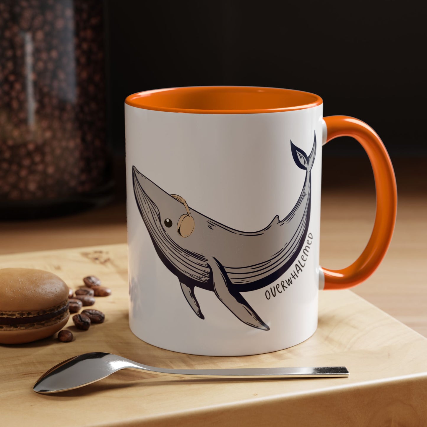 Coffee Mug, Cute Whale with Headphones Design, Overwhalemed Text, Gift for Music Lovers, Funny Ocean Animal Cup, Kitchen Decor, Underwater