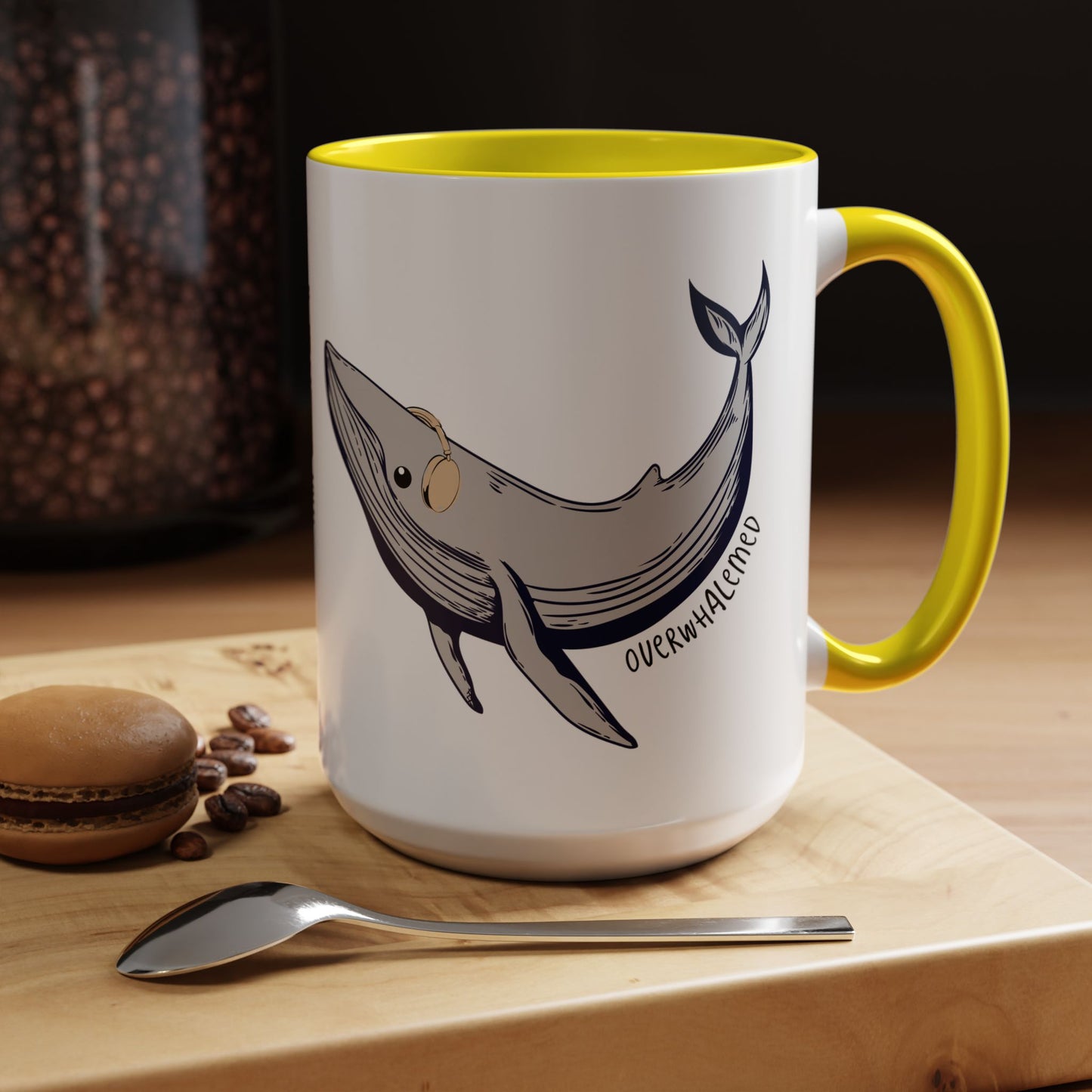 Coffee Mug, Cute Whale with Headphones Design, Overwhalemed Text, Gift for Music Lovers, Funny Ocean Animal Cup, Kitchen Decor, Underwater