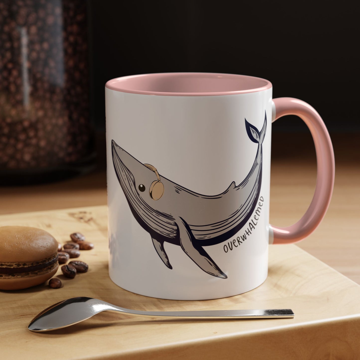 Coffee Mug, Cute Whale with Headphones Design, Overwhalemed Text, Gift for Music Lovers, Funny Ocean Animal Cup, Kitchen Decor, Underwater