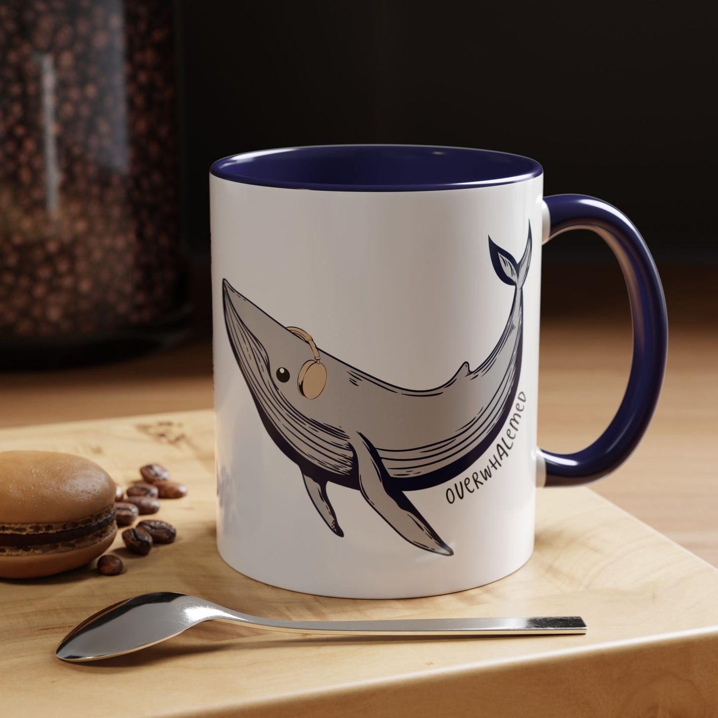 Coffee Mug, Cute Whale with Headphones Design, Overwhalemed Text, Gift for Music Lovers, Funny Ocean Animal Cup, Kitchen Decor, Underwater