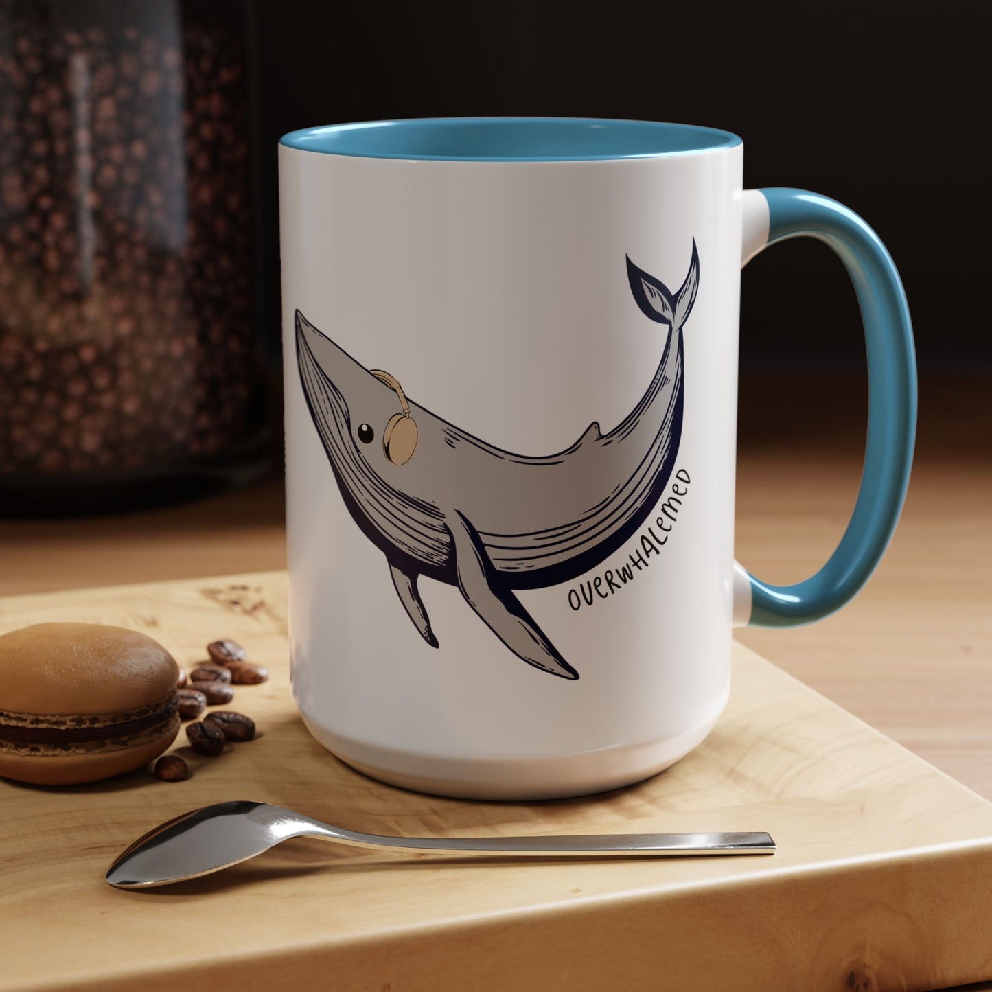 Coffee Mug, Cute Whale with Headphones Design, Overwhalemed Text, Gift for Music Lovers, Funny Ocean Animal Cup, Kitchen Decor, Underwater