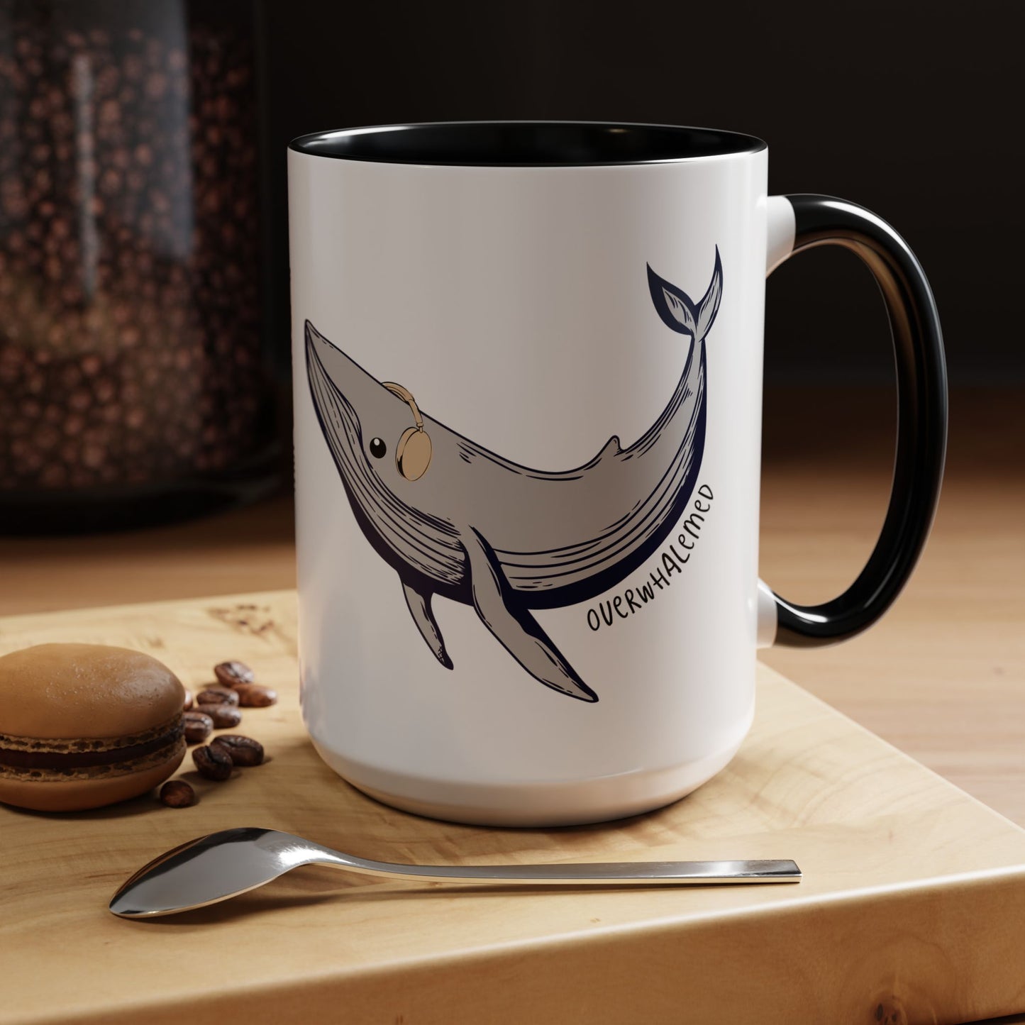 Coffee Mug, Cute Whale with Headphones Design, Overwhalemed Text, Gift for Music Lovers, Funny Ocean Animal Cup, Kitchen Decor, Underwater