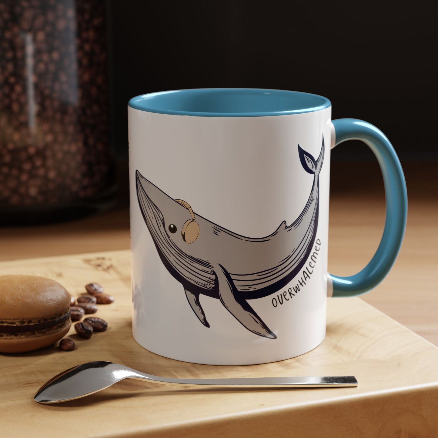 Coffee Mug, Cute Whale with Headphones Design, Overwhalemed Text, Gift for Music Lovers, Funny Ocean Animal Cup, Kitchen Decor, Underwater