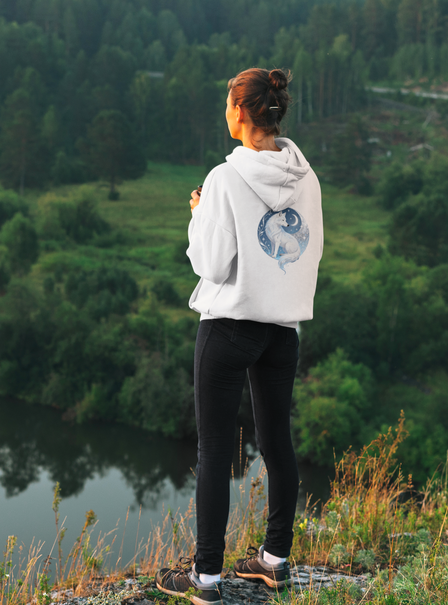 White Wolf Hoodie - Yin Yang Mond Design - Unisex Kapuzenpullover