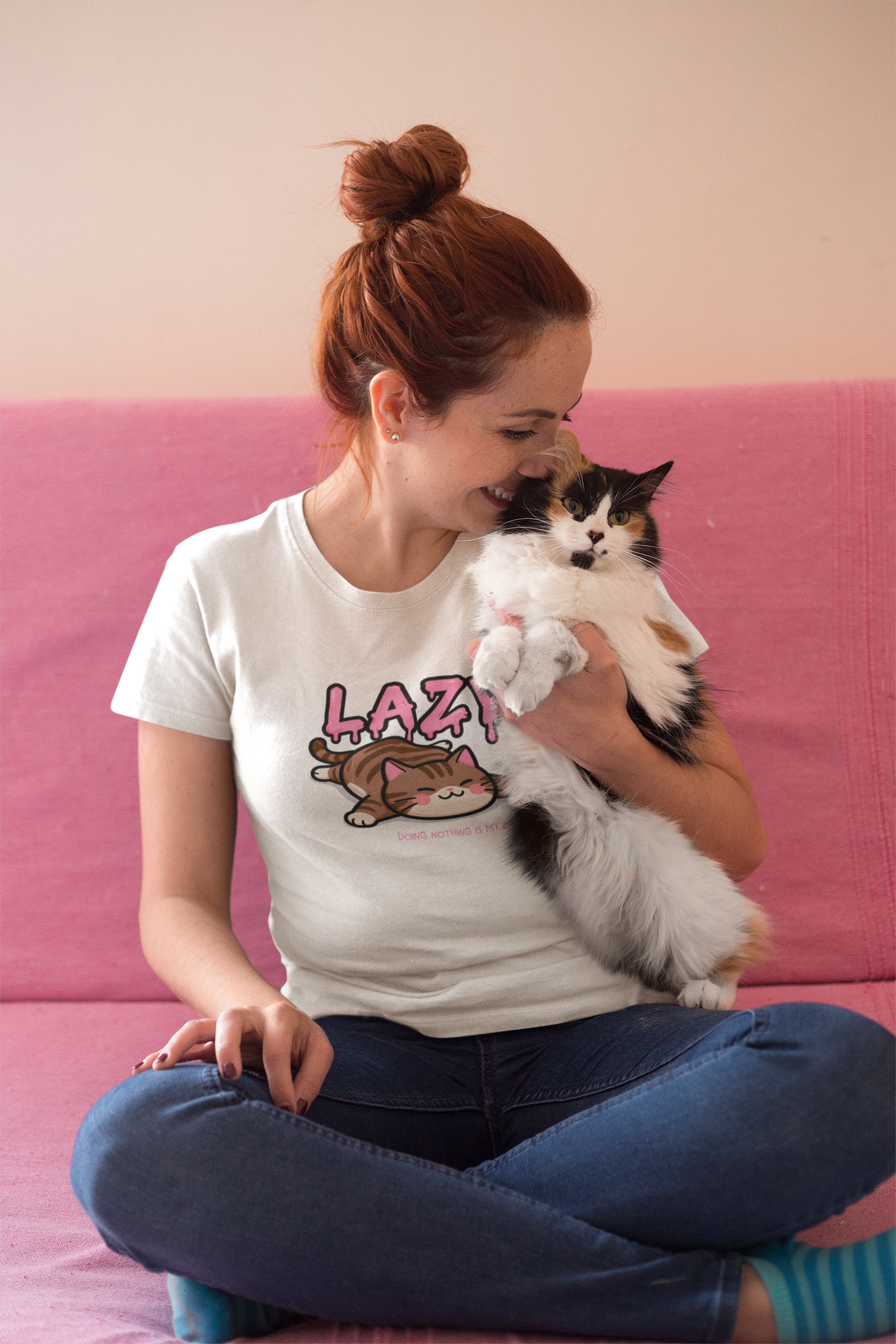 LAZY Katzen T-Shirt - Entspanntes Cat Lover Shirt - Unisex Bio-Baumwolle